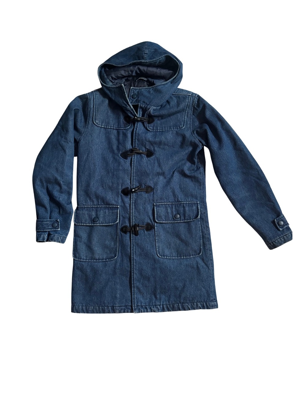 Vintage Denim Hooded Duffel Coat in Deep Blue Denim